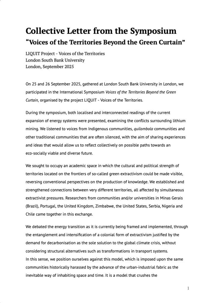 PDF of the collective letter written during the LIQUIT symposium “Voices of the Territories Beyond the Green Curtain”, addressing lithium mining, territories and the energy transition.